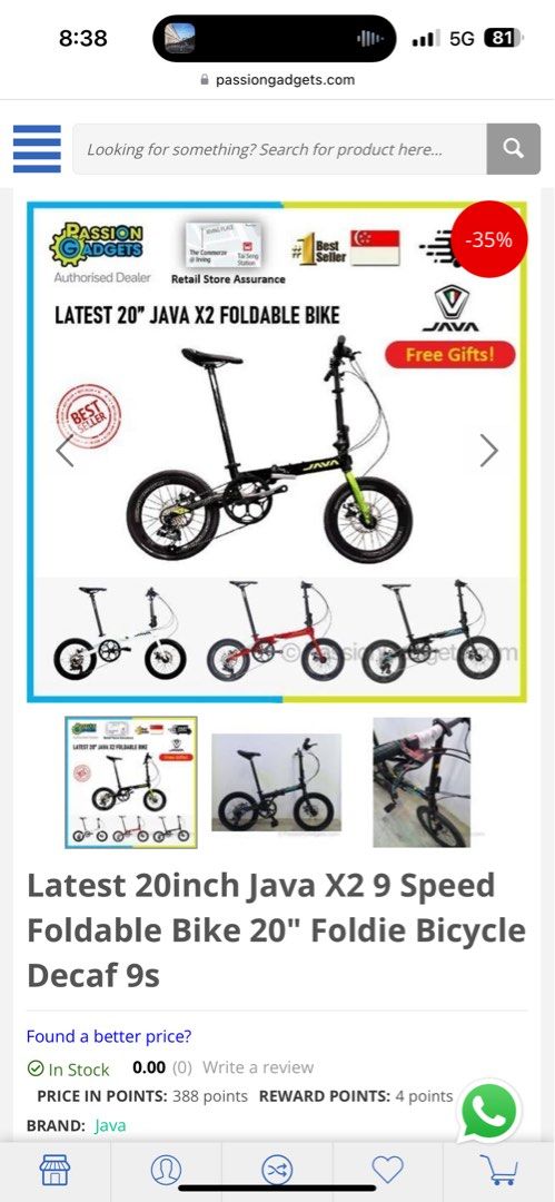 Foldable Bike Java (Category: Bicycles) located in Singapore. Submitted by tofudoll86 (Listing ID 1286904936, Image 1). Description: Java Zelo Foldable Bike Bought in 2021 through Passion Gadgets Selling cuz changing another bike. Condition : Well used. Slightly negotiable. Self collect at Tampines West MRT. Gear and brakes and tyres are upgraded. Specs: https://ekolife.asia/product/java-zelo-folding-bike.