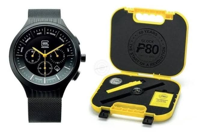 Glock Precision 40th Anniversary P80 Titanium Limited Edition (Category: Men's Watches) located in Dumaguete. Submitted by dohva01 (Listing ID 1286945044, Image 2). Description: To celebrate 40 years of the GLOCK P80 the GLOCK team created a special package including: GLOCK Watch Chrono with an elegant black milanaise band. An additional yellow silicone band. Collector's coin. Certificate of authenticity . Yellow pistol case. User manual..