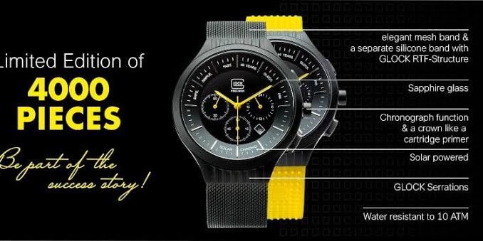 Glock Precision 40th Anniversary P80 Titanium Limited Edition (Category: Men's Watches) located in Dumaguete. Submitted by dohva01 (Listing ID 1286945044, Image 1). Description: To celebrate 40 years of the GLOCK P80 the GLOCK team created a special package including: GLOCK Watch Chrono with an elegant black milanaise band. An additional yellow silicone band. Collector's coin. Certificate of authenticity . Yellow pistol case. User manual..