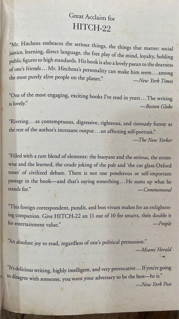 Hitch 22: A Memoir by Christopher Hitchens (Category: Storybooks) located in Cavite. Submitted by freddaruth (Listing ID 1287060946, Image 3). Description: “If Hitchens didn't exist, we wouldn't be able to invent him.” ―Ian McEwan Review "[Hitch-22] is a memoir that should be given to high school and college students of a literary bent. In the age of the Internet and the academy, it will open up different models for how to be a thoughtful person,