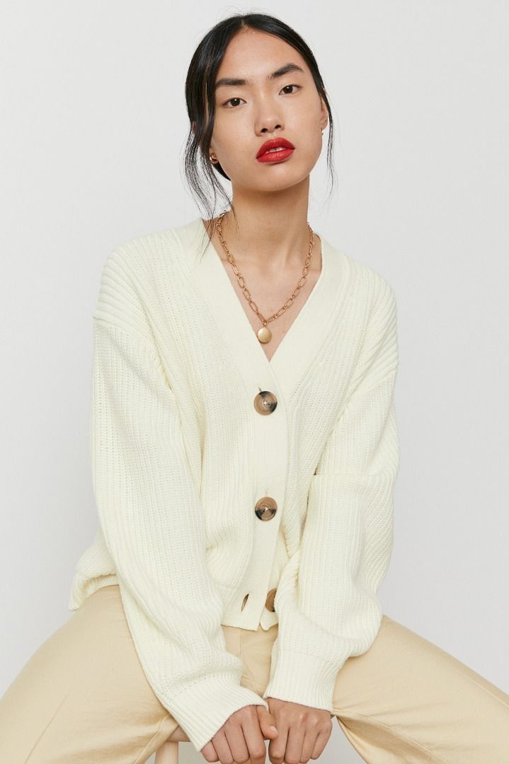 Beige Rib-Knit Cardigan