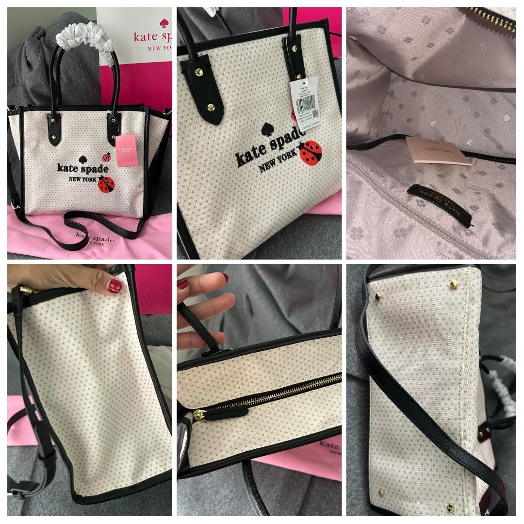 Kate Spade Ella Tote Bag (Category: Luxury Bags & Wallets) located in Muntinlupa City. Submitted by its.joy (Listing ID 1286923934, Image 3). Description: 💯 Original 💯 Authentic 🛍️ Paperbag included 🔸28 x 26 x 11 cm 🔸Canvas with pebbled lining (White with ladybug) / Pebbled leather (Black) 🔸Embossed logo 🔸 Canvas lining 🔸 Interior back zip pocket 🔸Drop in top zip closure 🔸Imported 🔸Dustbag not included.