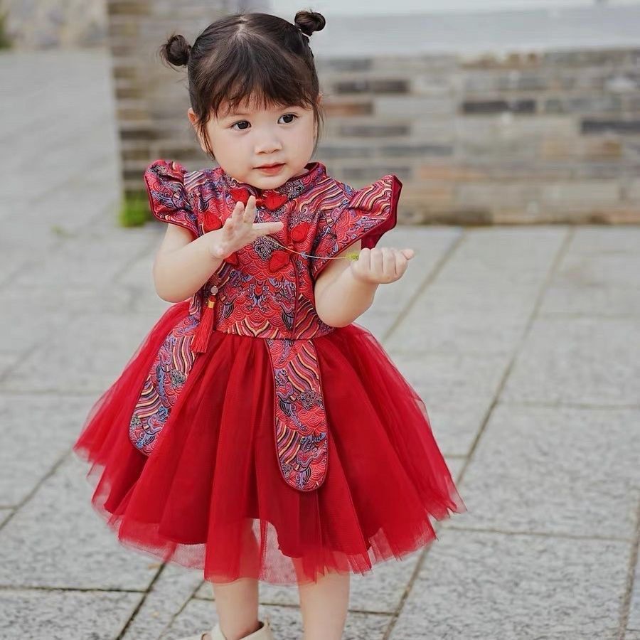 Kids toddler girl modern cheongsam oriental tutu dress