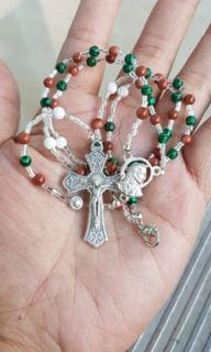 Made in Vatican Rome malachite & goldstone beads rosary necklace