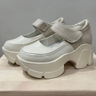 Off White Leather Mary Jane Velcro Closure Thick-Soled Platform Shoes