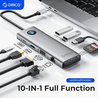 ORICO USB C HUB 10 in 1 Type C Adapter with 4K HDMI PD100W USB 3.0 Type C Hub for MacBook Air Pro Laptop (PW11）