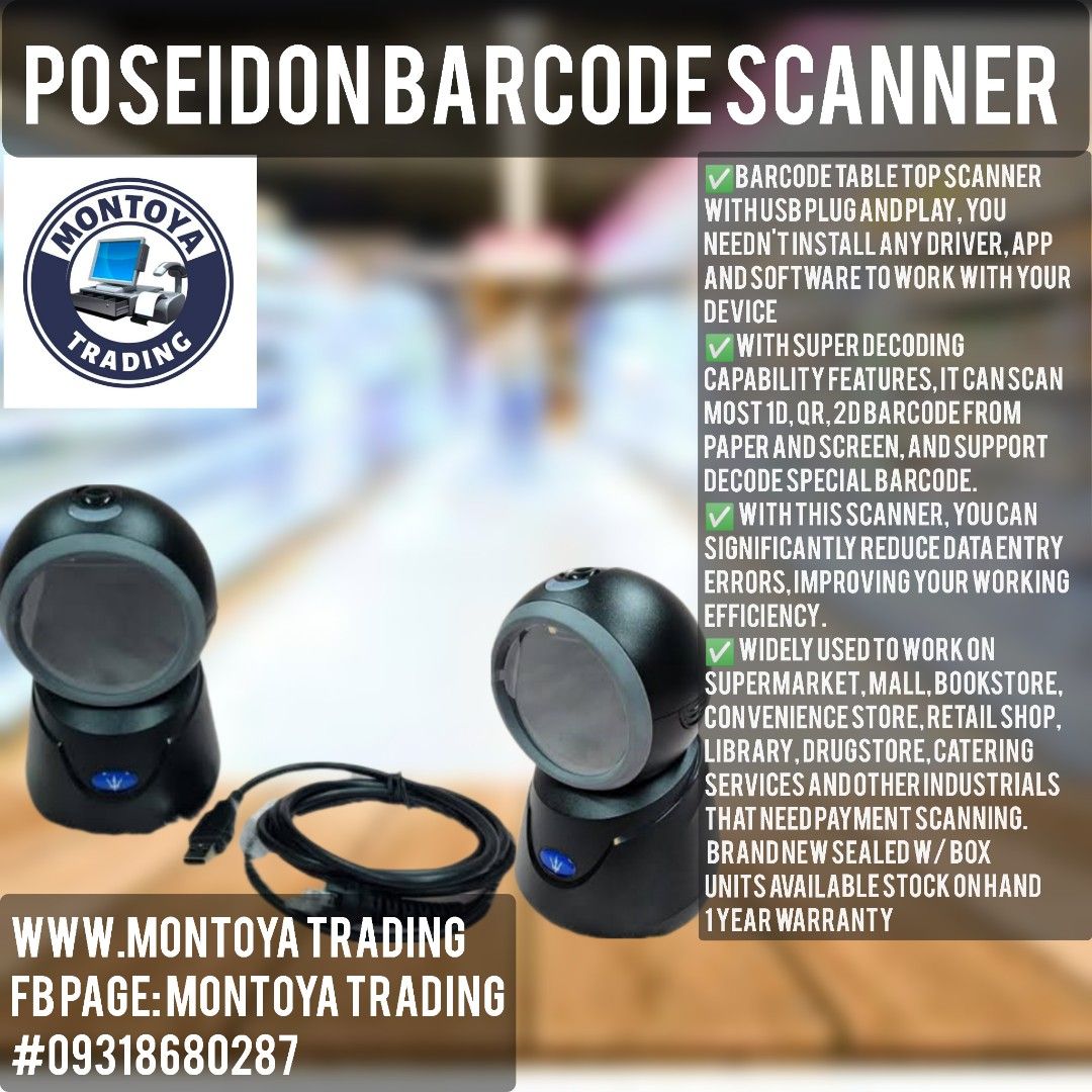 Poseidon Barcode scanner table top (Category: Printers, Scanners & Copiers) located in Manila. Submitted by cm875381367283 (Listing ID 1286905179, Image 1). Description: POSEIDON BARCODE SCANNER TABLE TOP 2D.