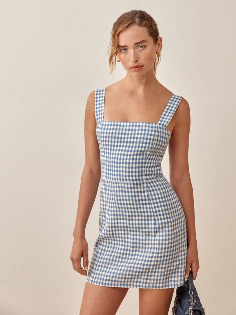 Reformation Brigitte Linen Dress blue plaid checkered