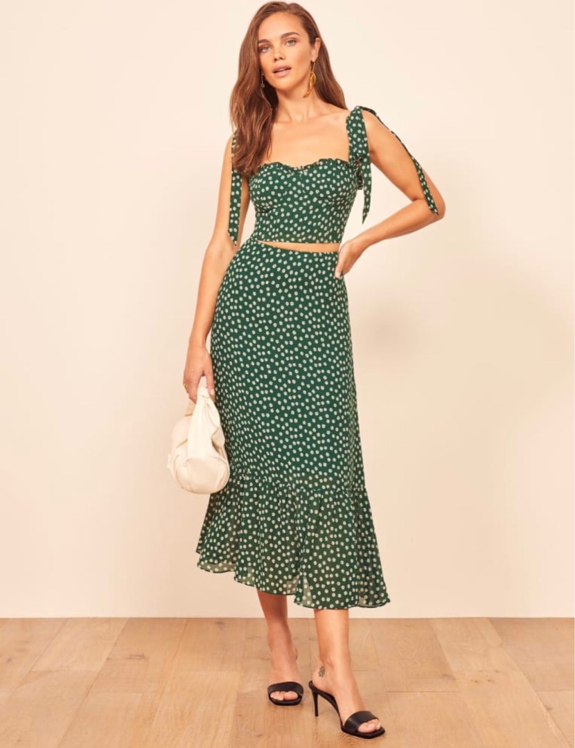 Reformation Liana Two Piece green floral ribbon tie skirt Women s Fashion Dresses Sets Sets or Coordinates on Carousell