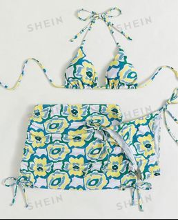 Shein 3-pc floral triangle bikini w/ cover up skirt