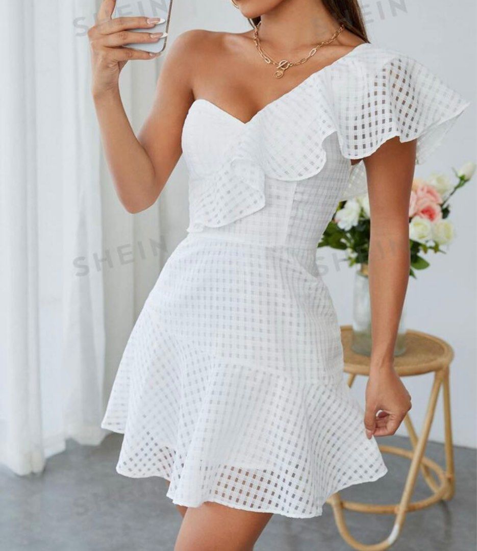 Shein white ruffle dress (Category: Dresses) located in Quezon City. Submitted by desertflow (Listing ID 1287027667, Image 1). Description: - used once only.