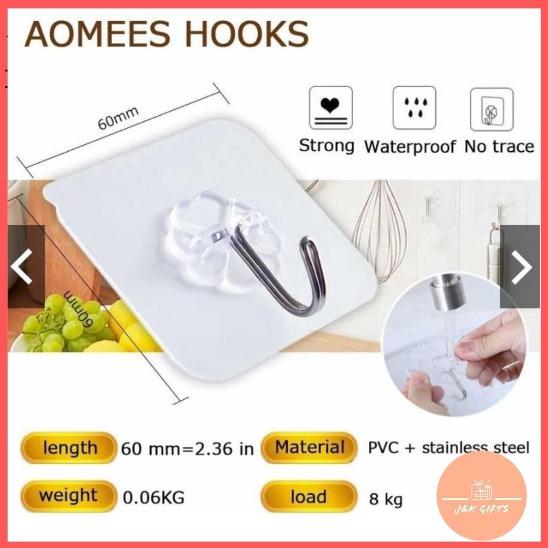 Pack of 8, Wall Hooks & Hangers Detachable Self Adhesive Seamless  Transparent No Nails Drill Hooks