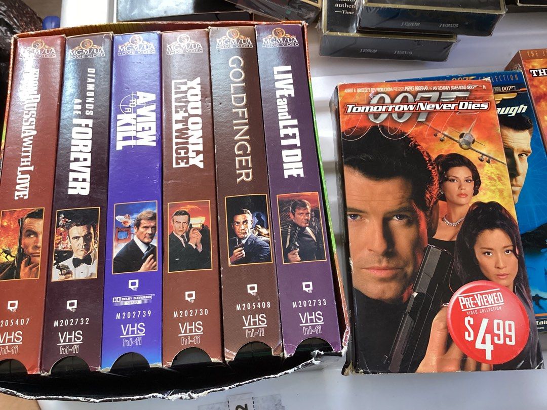 The James Bond Collection (Category: Storybooks) located in Davao. Submitted by ferdipt (Listing ID 1286916003, Image 1). Description: VHS HI-FI Titles: 1. From Russia with Love 2. Live and Let Die 3. A view to a Kill 4. Tomorrow Never Dies 5. You only Live Twice 6. The Living Daylights 7. Diamonds are Forever 8. Goldfinger 9. The World is not Enough 10. Octopussy 11. Thunderball 12. Dr. NO 13. License to Kill 200 pesos each or 2 for 300 .
