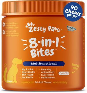 Zesty Paws 8 in 1 Multifunctional Supplements for Dogs - Glucosamine Chondroitin for Joint Support with Probiotics for Gut & Immune Health – Omega Fish Oil with Antioxidants and Vitamins for Skin & Heart Health