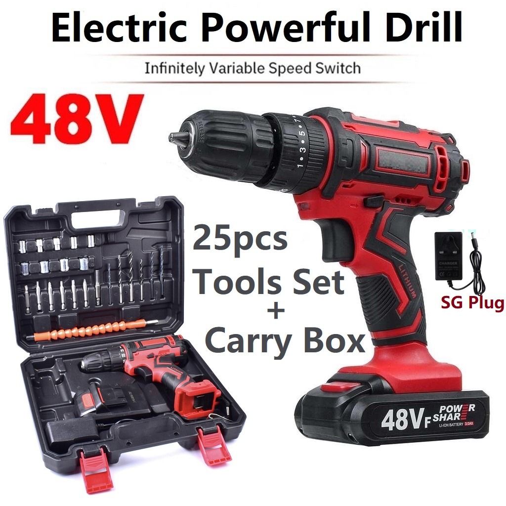 FREE DELIVERY 48V Cordless Drill Electric Drill Wall Drill with 25 Pieces Tools Set 25 Torque level LED