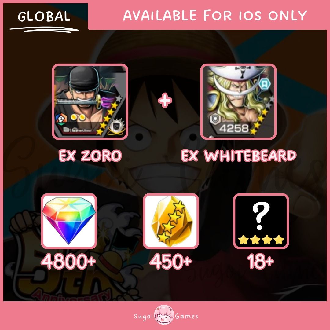 🎲 ONE PIECE Bounty Rush | Raid On Onigashima Roronoa Zoro + EX WhiteBeard  | Fresh Starter Account | GLOBAL | iOS | Rainbow Diamonds | Random 4* |  Crystal Fragments |,