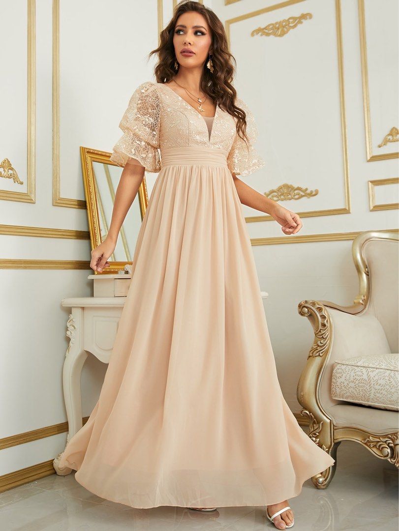 white christmas dresses Women's V-Neck Long Sleeve Chiffon Midi Dress in 2 Colors Sizes 4-18
