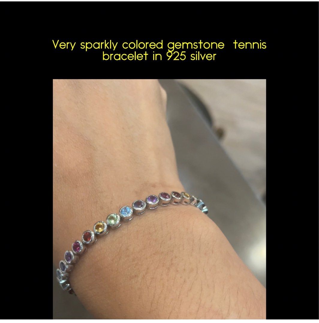 Authentic colored gemstone tennis bracelet (Category: Bracelets) located in Cavite. Submitted by freddaruth (Listing ID 1287201010, Image 1). Description: Firm on price as these are real gemstones - tested Not like imitation ones made in China It is 7 inches The brand is Paraiba, a local jewelry shop They sold this for P12,000 It is marked 925 Check video at my YouTube , search for Fredda Ruth Bespoke Jewelry .