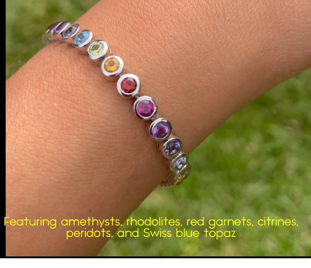 Authentic colored gemstone tennis bracelet (Category: Bracelets) located in Cavite. Submitted by freddaruth (Listing ID 1287201010, Image 2). Description: Firm on price as these are real gemstones - tested Not like imitation ones made in China It is 7 inches The brand is Paraiba, a local jewelry shop They sold this for P12,000 It is marked 925 Check video at my YouTube , search for Fredda Ruth Bespoke Jewelry .