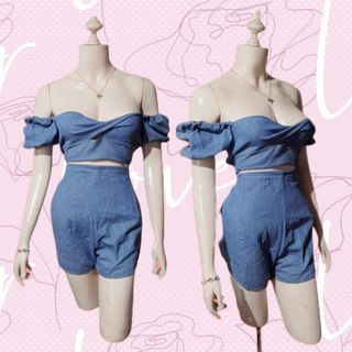 Sexy Casual Denim Off Shoulder Chic Korean Trendy Puff Sleeve Tube Top with Highwaist Shorts Terno Coords y2k vintage fairy cottagecore lolita retro chic