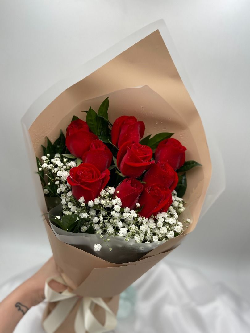 Ava  9 Red Roses with Baby's Breath (Floral Bouquet), Hobbies & Toys,  Stationery & Craft, Flowers & Bouquets on Carousell