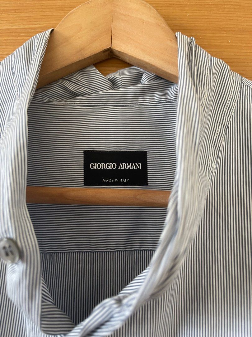 Giorgio Armani Mandarin Collar Gray White Striped Long Sleeve Shirt