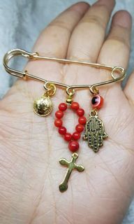 Made in Vatican Rome beautiful rosary corals with evil eye & St. Benedict protection brooch pin
