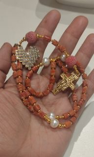 Made in Vatican Rome coral & freshwater pearl beads heart rosary