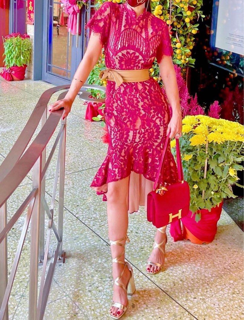 mds red lace cheongsam hi lo dress