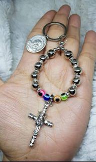 Padre Pio medallion with evil eye rosary key chain protection