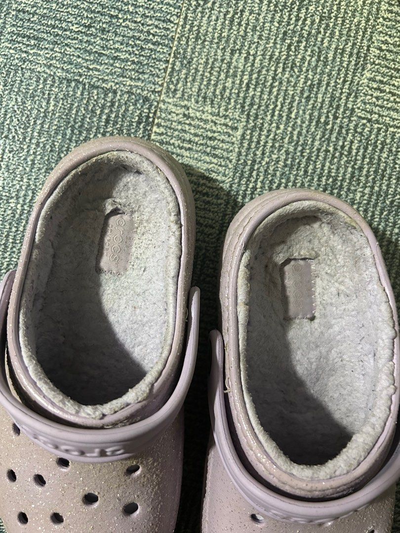Preloved authentic crocs glitter lined clogs size J1 (Category: Babies & Kids Fashion) located in San Jose del Monte. Submitted by devski (Listing ID 1287257795, Image 3). Description: US bought Glitter lined clogs Color lavender Size J1 (or US1) Already washed pero pwede mo ulit labhan if medyo maselan :) No heel drags, rarely used by my kid Rfs : outgrown.