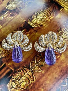 Rare Signed “Monet” Purple Palace Flora Stud Earrings