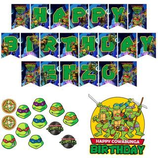 Teenage Mutant Ninja Turtles Theme Birthday Party Banner Cupcake Cake Topper Decoration Personalized