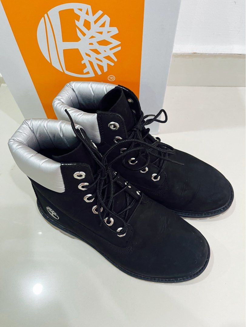 Black and silver timberland store boots