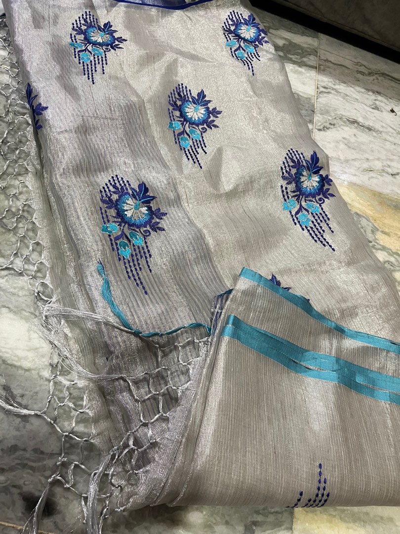 Buy Cream Embroidery Work Tissue Organza Saree Online