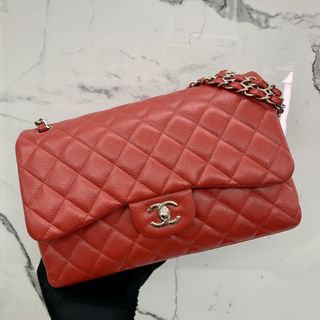 Red leather chanel bag store