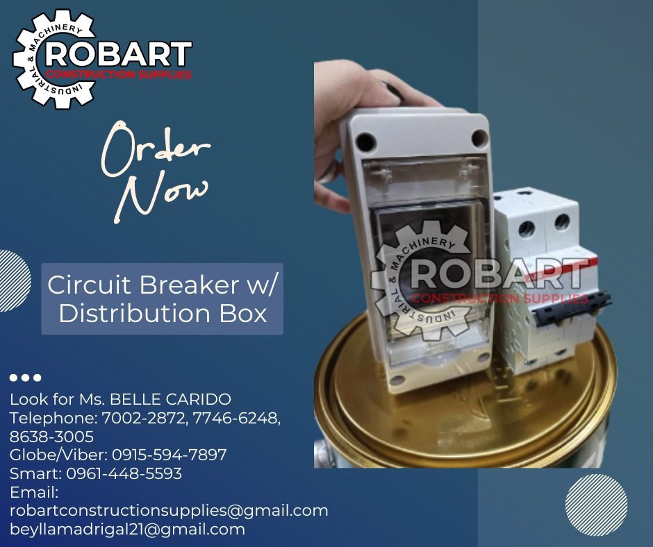 Circuit Breaker w/ Distribution Box (Category: Construction Tools & Equipment) located in Manila. Submitted by bellarobart (Listing ID 1287340404, Image 1). Description: Miniature Circuit Breaker Brand: ABB 30A 2Pole Outdoor Distribution Box Brand: Mcgill 𝑹𝑶𝑩𝑨𝑹𝑻 𝑪𝑶𝑵𝑺𝑻𝑹𝑼𝑪𝑻𝑰𝑶𝑵 𝑺𝑼𝑷𝑷𝑳𝑰𝑬𝑺 #RobartConstructionSupplies #robartph #constructionmaterials #industrialsupply Office Address: 1405 Yuseco St. Sta Cruz Manila SEND US MESS
