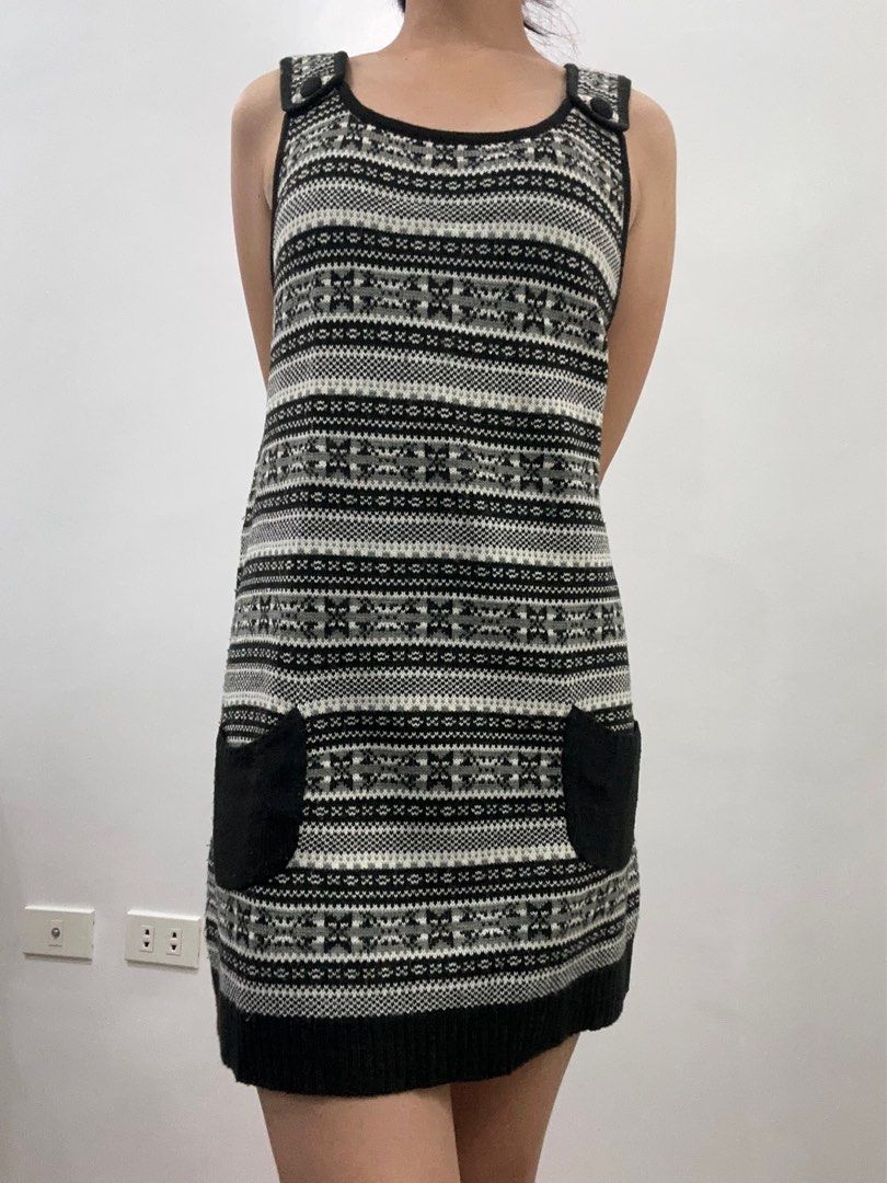 Grey black knitted jumper dress aztec boho winter Women s Fashion Dresses Sets Dresses on Carousell