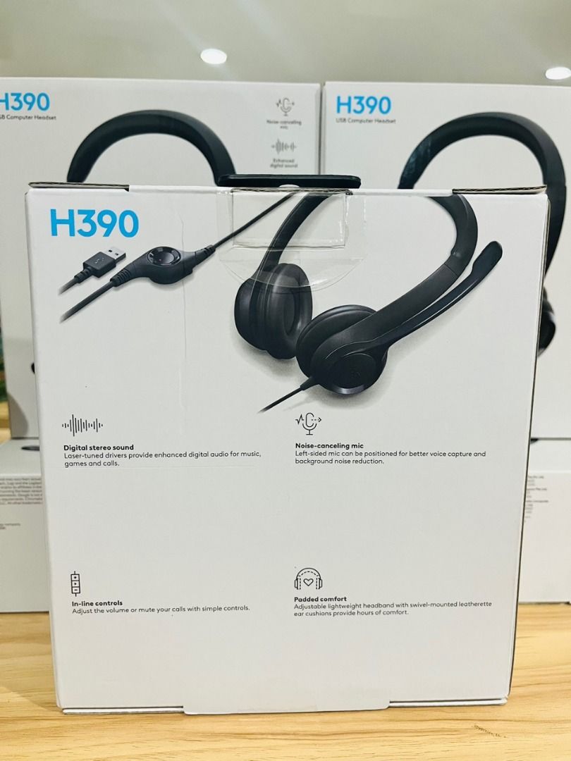 LOGITECH H390 USB HEADSET BRANDNEW (Category: Headphones & Headsets) located in Manila. Submitted by crisantow (Listing ID 1287441434, Image 2). Description: LOGITECH H390 USB HEADSET BRANDNEW DIMENSIONS: •Height: 7.87 in (200 mm) •Width: 9.65 in (245 mm) •Depth: 2.83 in (72 mm) •Weight: 6.9 oz (197 g) •USB Computer Headset •User documentation SYSTEM REQUIREMENTS: •Works with common calling applications across almost all platforms and operating s