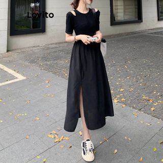 Lovito Casual Plain Cut Out Split Round Neck Sleeved A-line Skirt Midi Dress in Black