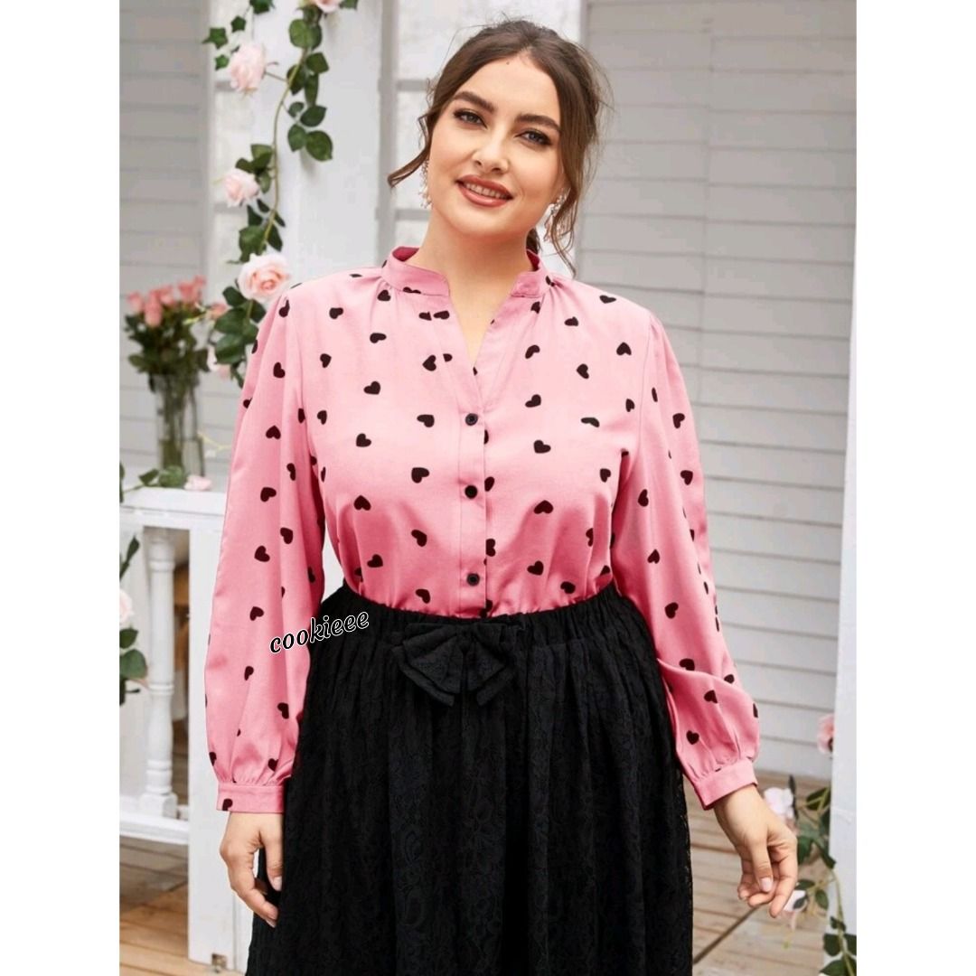 Plus Size 3XL PINK BLACK Mini Hearts Love Oversize Cotton Buttons Formal Casual Long Sleeved Shirt Top