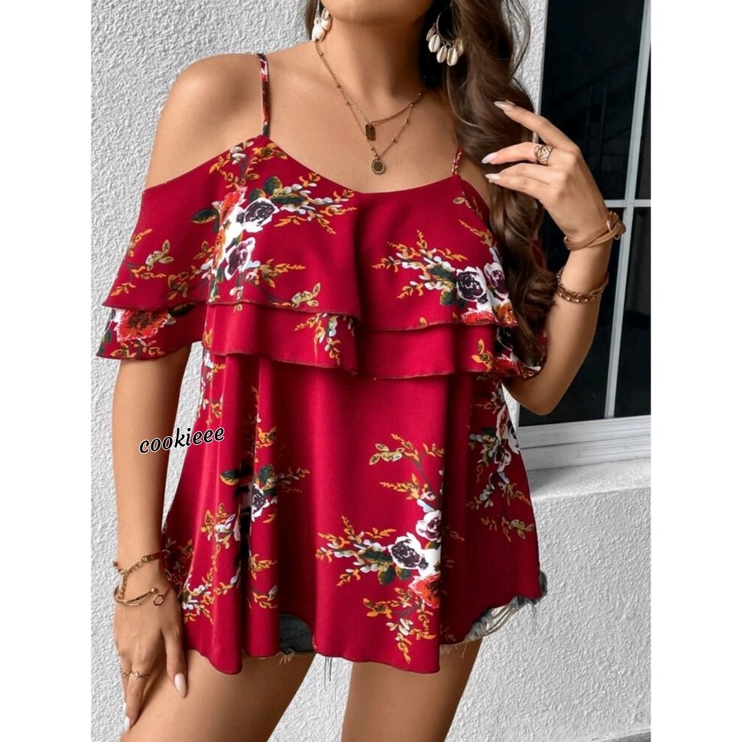 Plus Size XL DARK RED Floral Sexy Cold Shoulder Cami Adjustable