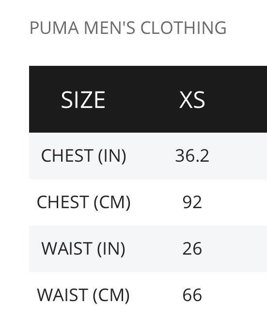 Puma men's clothing size cheap chart
