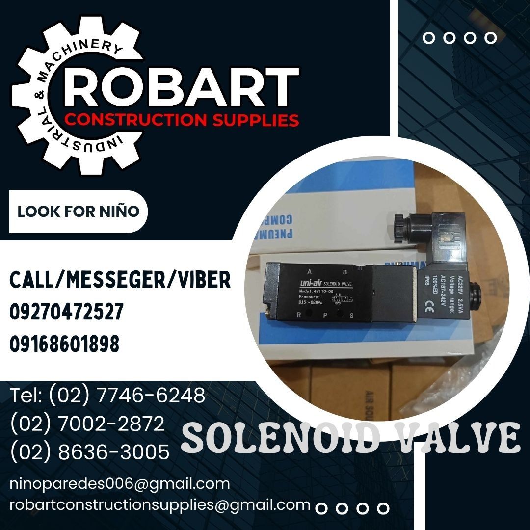 SOLENOID VALVE (Category: Construction Tools & Equipment) located in Manila. Submitted by ninoparede24925 (Listing ID 1287369952, Image 1). Description: SOLENOID VALVE Model:4V110-06 Brand:Uni-air - - FOR INQUIRES: 𝓟𝓵𝓮𝓪𝓼𝓮 𝓬𝓪𝓵𝓵 :09270472527 09168601898 Look for:Niño Paredes Tel: (02) 7746-6248 (02) 7002-2872 (02) 8636-3005 𝑴𝒂𝒏𝒊𝒍𝒂 𝑶𝒇𝒇𝒊𝒄𝒆: 1405 𝒀𝒖𝒔𝒆𝒄𝒐 𝒔𝒕 𝑺𝒕𝒂 𝑪𝒓𝒖𝒛. 𝑴𝒂𝒏𝒊𝒍𝒂 #RobartConstructionSupplies #Constru