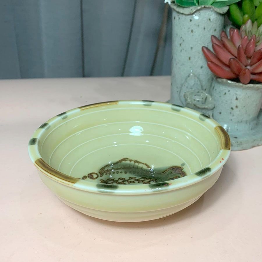Stoneware fish deco Bowl (Category: Dinnerware & Cutlery) located in Mandaluyong City. Submitted by yula_noveltyfinds (Listing ID 1287487417, Image 2). Description: - japan surplus - beige stoneware with fish design / thick material - for soup, rice bowl or condiment sauces - like new - size: approx: 5.25" diameter x 2" height These are surplus items please manage your expectations, thank you. Actual product color may vary from the images shown. 