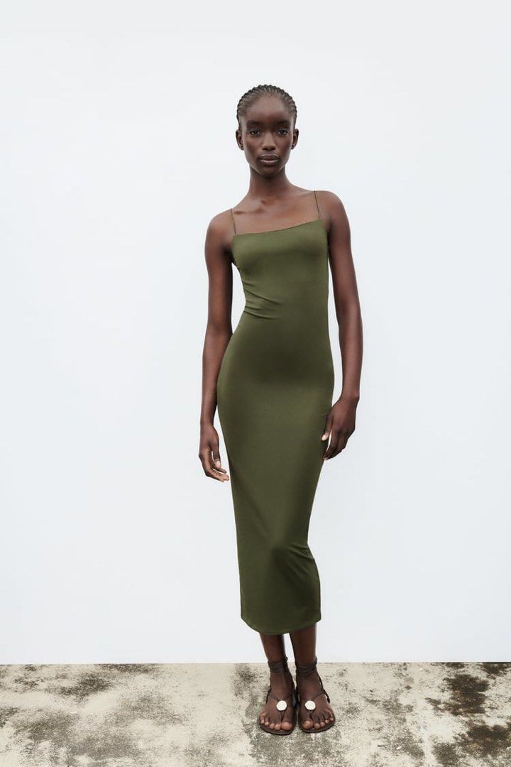 SUPER SALE! ZARA Olive Green Long elastic ice silk dress, Women's Fashion,  Dresses & Sets, Dresses on Carousell