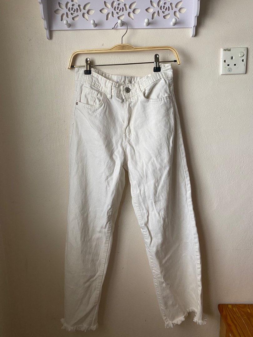 White jeans with fringe at bottom best sale