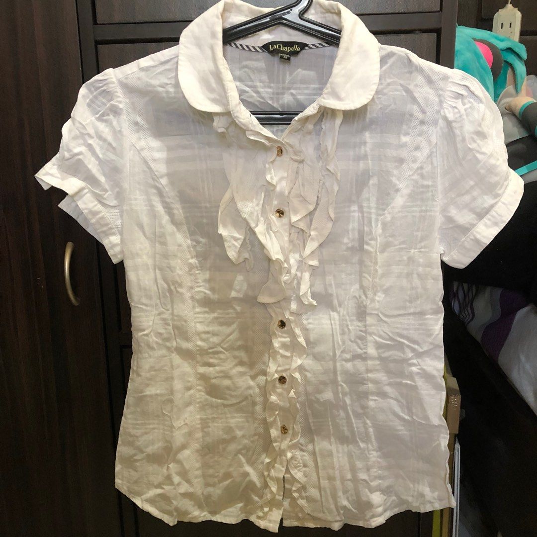 White ruffles button up top | fatal frame, y2k, grunge (Category: Blouses) located in Valenzuela. Submitted by icia_ (Listing ID 1287368054, Image 1). Description: S-Semi M.