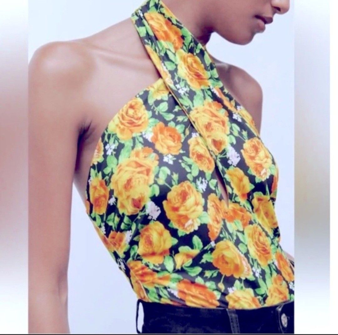 Zara Bodysuit with Crossover Neckline, Women's Fashion, Tops