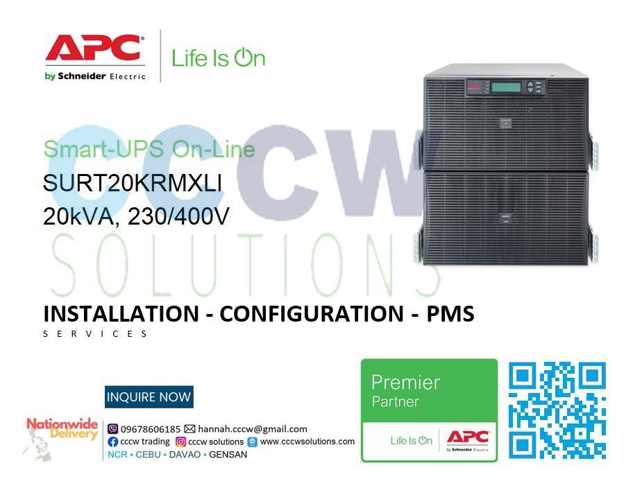 APC Smart-UPS RT 20kVA, 230/400V, LCD, rackmount Double conversion online UPS (Category: Office & Business Technology) located in Antipolo. Submitted by cccwsolutions.com (Listing ID 1287842920, Image 1). Description: 📌 APC Smart-UPS RT 20kVA, 230/400V, LCD, rackmount Double conversion online UPS APC Smart-UPS RT 20kVA, 230/400V, LCD, rackmount, 12U, 2x IEC Jumpers & 8x IEC 60320 C19 outlets ⏺ Specifications Presentation: High density, double-co